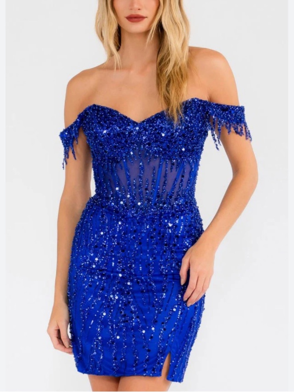 < Juliet Blue Sequin Embellished Formal Off The Shoulder Mini Dress >